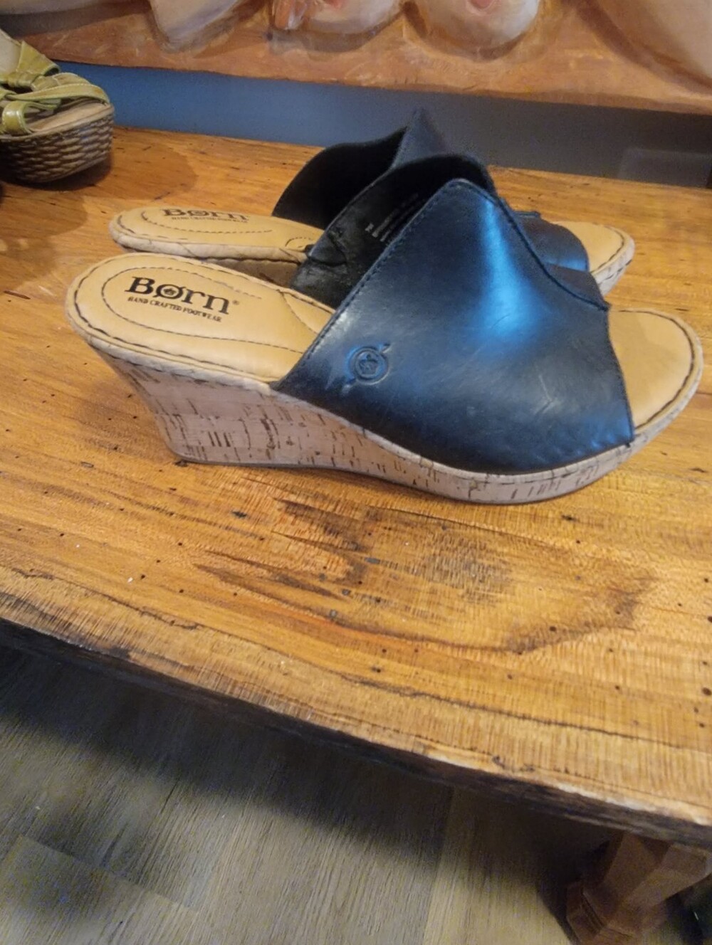 Born Size 7 Black Leather Cork Wedge Slide Sandals w/ 3" Heel